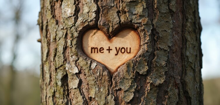 Heart shape carved into tree bark with text me you. Rustic wood texture background. Symbol of enduring love, connection, partnership, and relationship. Romantic nature concept.