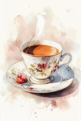 Fototapeta premium Watercolor Tea Cup with Floral Design and Steam