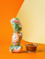 Fresh Spring Rolls with Shrimp and Sauce on Colorful Background