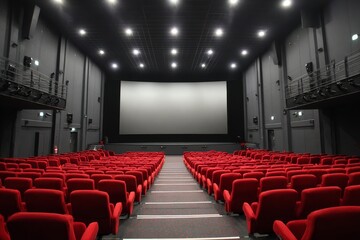Empty two-floor cinema hall with red seats and multiple entrances - spacious theater architecture with tiered seating and equipment armrests