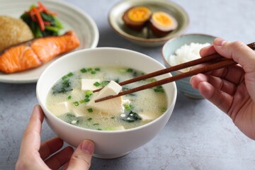 Warm Japanese Soup with Tofu and Salmon Dish