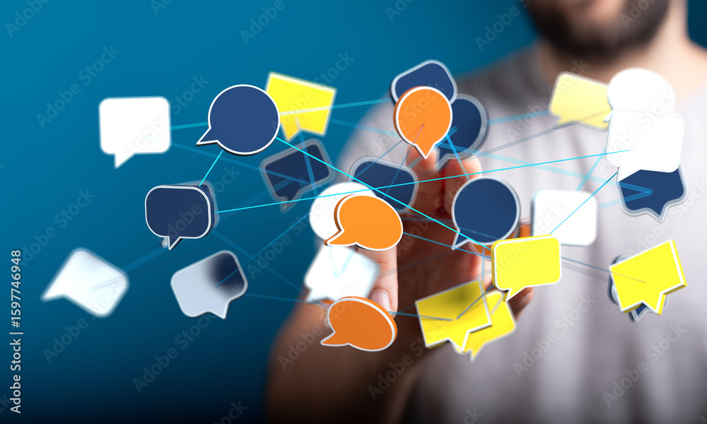 Poster abstract image of interconnected speech bubbles, representing global communication and networking.
