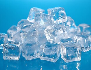 Obraz premium Pile of glistening ice cubes on blue background - ultra HD macro photography with crisp textures and studio lighting