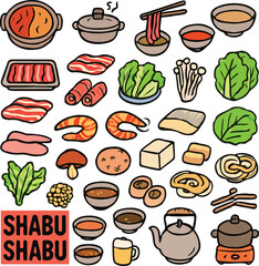 Set of Colorful shabu shabu icons. Doodle style icon vector bundle.eps
