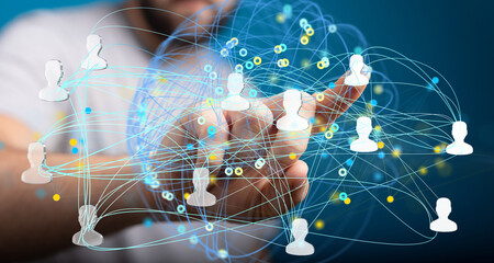 Image depicts a hand interacting with a digital network of connected people, symbolizing global communication and collaboration.