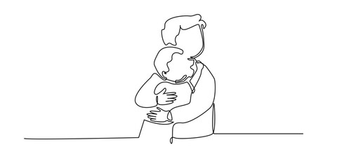 Minimalist continuous line art of a boy hugging his father. Simple modern design with a one-line drawing style. Perfect for banners, family-themed illustrations, Father's Day designs.