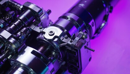 Close-up of futuristic mechanical actuator with polished metal components. Glowing neon purple background. Advanced engineering, robotics, automation, and complex machinery details.