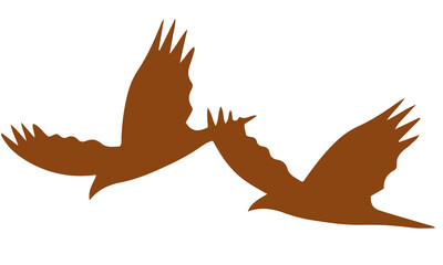 Brown flying bird silhouettes in pair with extended wings.