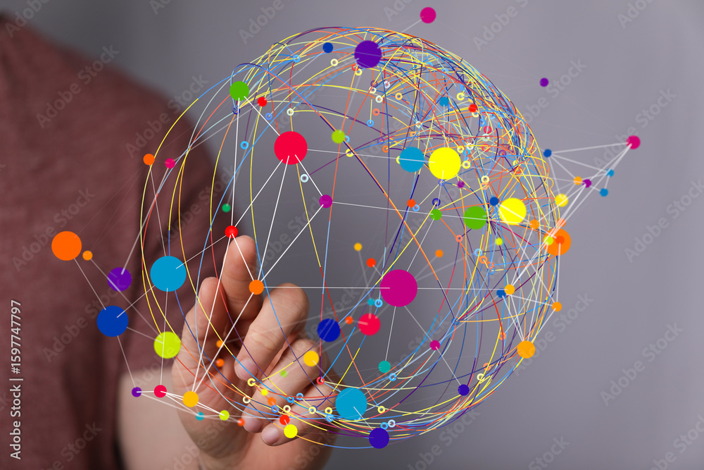 Poster abstract image of a global network. colorful nodes and lines represent connections.