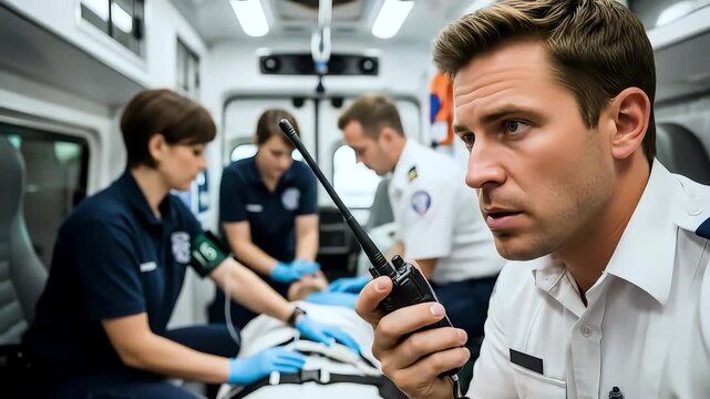 Emergency responder communicating in ambulance