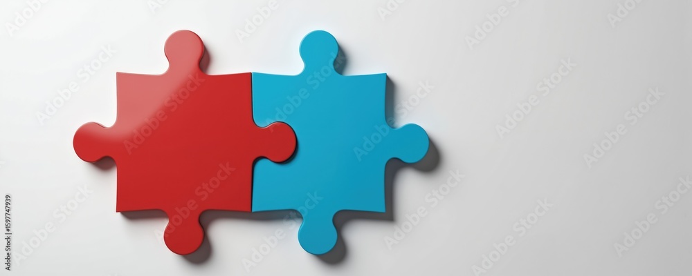 Fototapete two puzzle pieces, one red, one blue, seamlessly interlock, unity, collaboration, successful problem