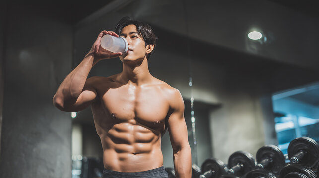 プロテインを飲む男性