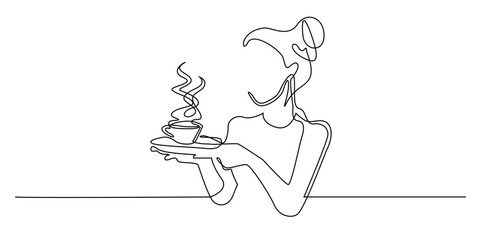 Minimalist continuous line art of woman carrying coffee in a cup. Simple modern design with one line drawing style. Perfect for cafe banner, restaurant background, coffee themed illustration.
