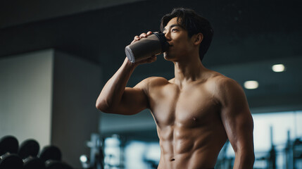 プロテインを飲む男性