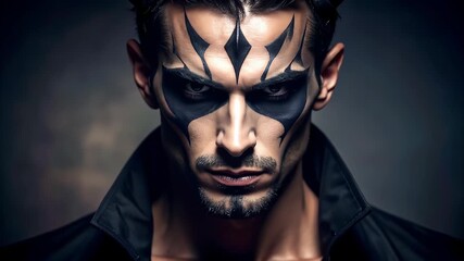 Mysterious man close up features powerful dark face paint and piercing eyes looking straight. Dark siren makeup