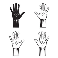 Obraz premium Hand gestures in black and white showing palm open hand with different outlines on white background
