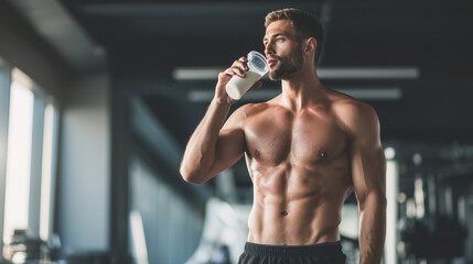プロテインを飲む男性