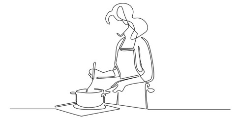 Minimalist continuous line art of woman cooking in kitchen. Simple design with one line drawing style. Perfect for restaurant banner, culinary background, cooking themed illustration.