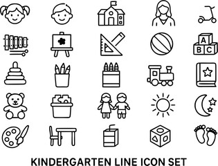 Kindergarten vector icon set featuring kids, toys, ABC, numbers, school supplies, learning tools, and activities. Ideal for preschool, daycare, and early education projects.

