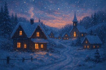 Cozy winter village scene.