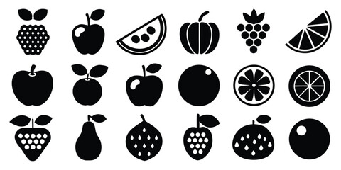Collection of black fruit silhouettes on white background healthy food icons