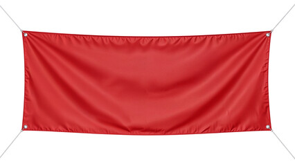 Vibrant crimson banner suspended with ropes against isolated transparent canvas