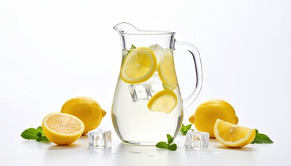 Fototapeta premium Glass Pitcher Of Lemon Infused Water With Ice Cubes Slices Of Lemon And Fresh Mint Leaves On White Background
