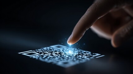 A close-up of a hand interacting with a glowing QR code, symbolizing technology and digital connections.