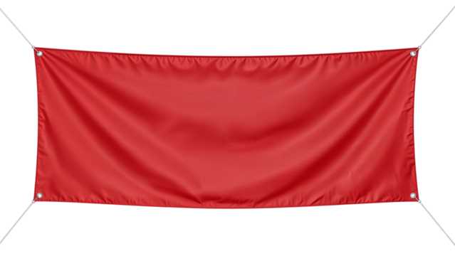 Vibrant crimson banner suspended with ropes against isolated transparent canvas
