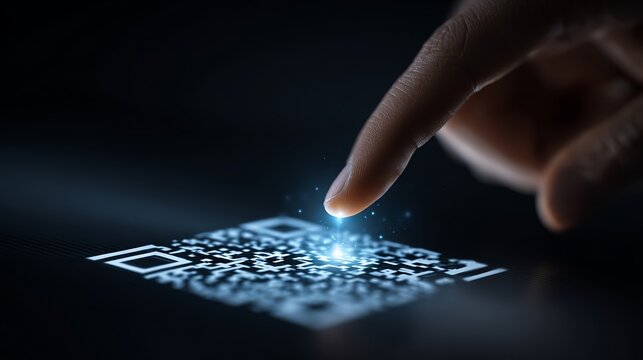 A close-up of a hand interacting with a glowing QR code, symbolizing technology and digital connections.