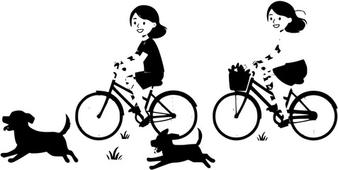 Mother and son family riding bicycle together with dogs running vector illustration.
