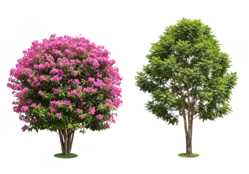 Two trees one with pink flowers isolated on transparent background