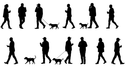 Obraz premium Silhouettes of people walking and walking dogs in various poses and positions on a white background