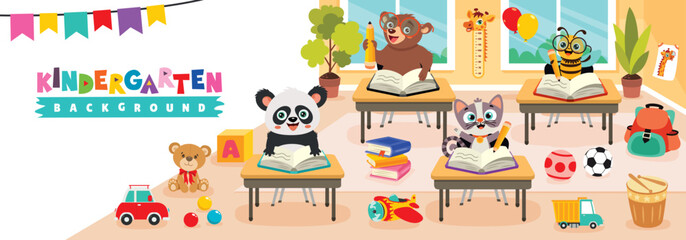 Cartoon Animals Learning At Kindergarten