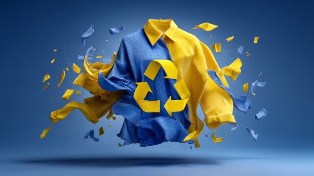 BBlue and yellow recycling symbol on blue background - hyper-realistic sustainable fashion concept for eco-friendly promotion
