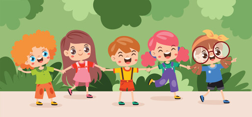 Funny Cartoon Kids Playing Outdoor