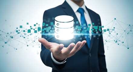 Obraz premium Professional presenting a database icon with digital network elements for data management and technology concepts