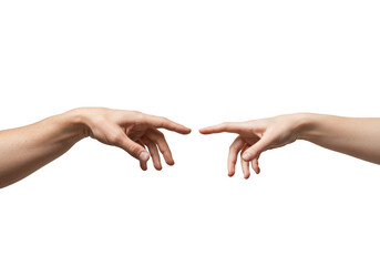 Two hands reaching fingers touch creation isolated on transparent background