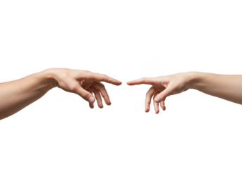 Two hands reaching fingers touch creation isolated on transparent background