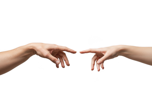 Two hands reaching fingers touch creation isolated on transparent background