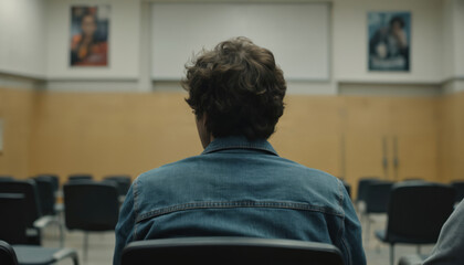 Man sits alone in lecture hall facing white board. Back view of student in denim jacket attentively listening in classroom with rows of empty seats. Focused on learning, seeking knowledge in