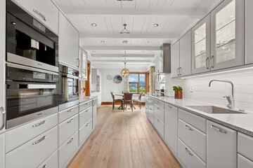 Modern luxury kitchen interior in minimal scandinavian style, 3d render