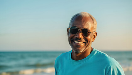 Happy senior man smiling at beach wearing sunglasses. Elderly man enjoys turquoise ocean waves under sunny sky, embodying carefree summer vacation, active retirement lifestyle, feeling of peace,