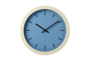 Analog wall clock with blue face isolated on transparent background