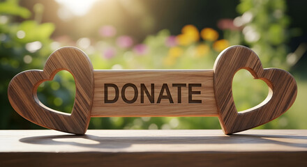Wooden Donation Sign with Heart Shapes in Bright Garden Scene