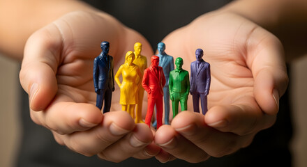 Colorful Business People Miniature Figures in Hands Representation of Diversity and Teamwork