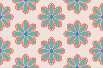 Repeating floral pattern with teal petals and coral outlines vector
