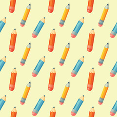 Seamless vector pattern with blue, yellow, and red pencils, pastel light yellow beige background