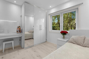 Modern luxury bedroom interior in minimal scandinavian style