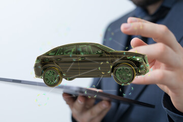 Modern technology, digital car design, innovative solutions.  View a 3D car model on a tablet.